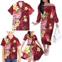 Polynesian Tribal Tattoo Family Matching Off The Shoulder Long Sleeve Dress and Hawaiian Shirt Plumeria Blood Red and Gold Marble Pattern LT9 Red - Polynesian Pride