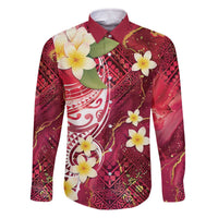 Polynesian Tribal Tattoo Family Matching Off The Shoulder Long Sleeve Dress and Hawaiian Shirt Plumeria Blood Red and Gold Marble Pattern LT9 - Polynesian Pride