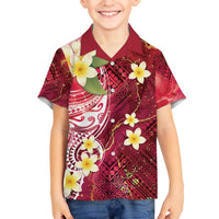 Polynesian Tribal Tattoo Family Matching Off The Shoulder Long Sleeve Dress and Hawaiian Shirt Plumeria Blood Red and Gold Marble Pattern LT9 - Polynesian Pride