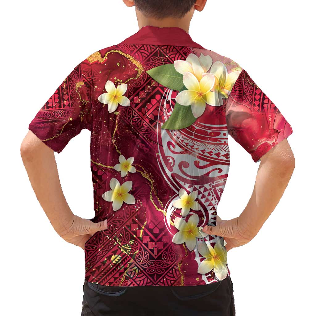 Polynesian Tribal Tattoo Family Matching Off Shoulder Maxi Dress and Hawaiian Shirt Plumeria Blood Red and Gold Marble Pattern LT9 - Polynesian Pride