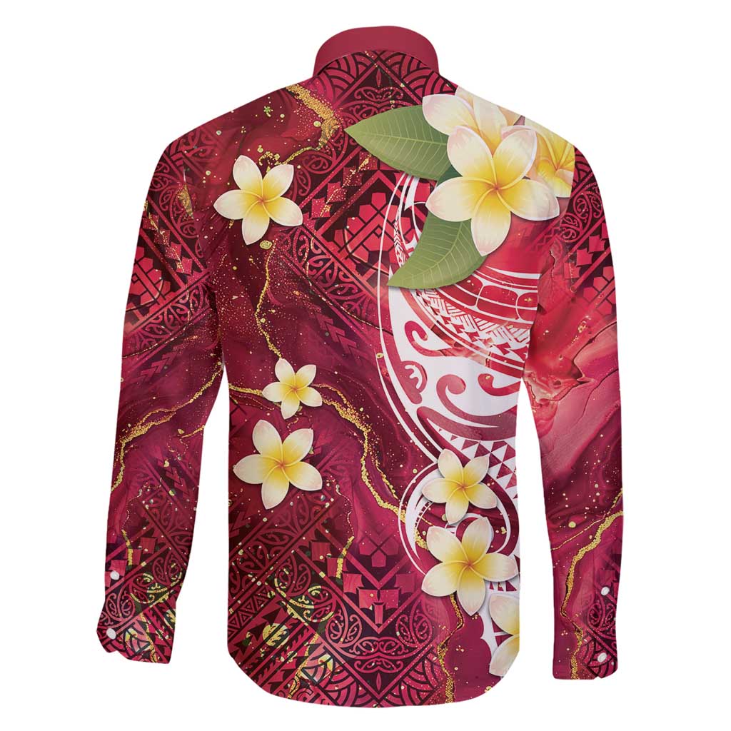 Polynesian Tribal Tattoo Family Matching Off Shoulder Maxi Dress and Hawaiian Shirt Plumeria Blood Red and Gold Marble Pattern LT9 - Polynesian Pride