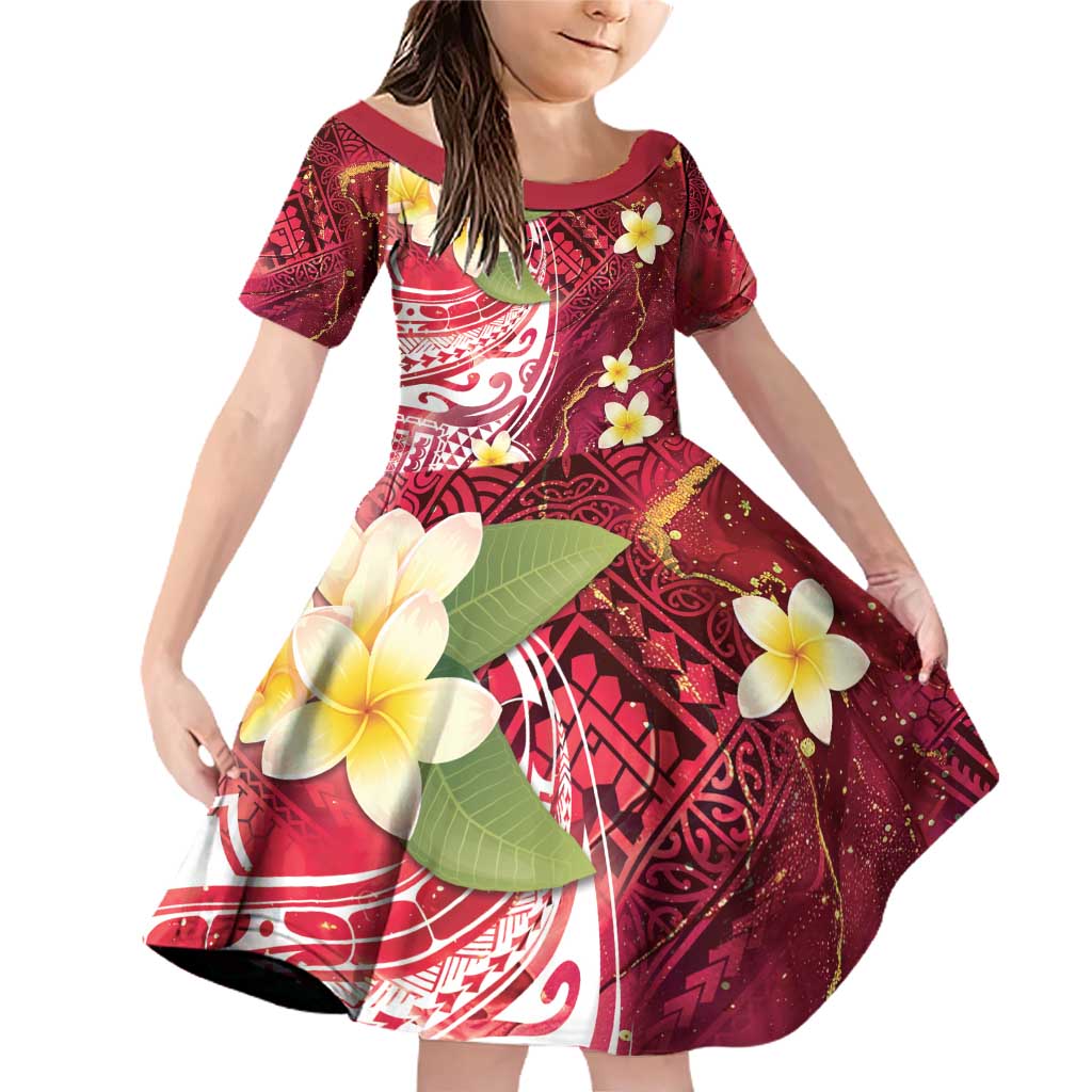 Polynesian Tribal Tattoo Family Matching Off Shoulder Short Dress and Hawaiian Shirt Plumeria Blood Red and Gold Marble Pattern LT9 Daughter's Dress Red - Polynesian Pride