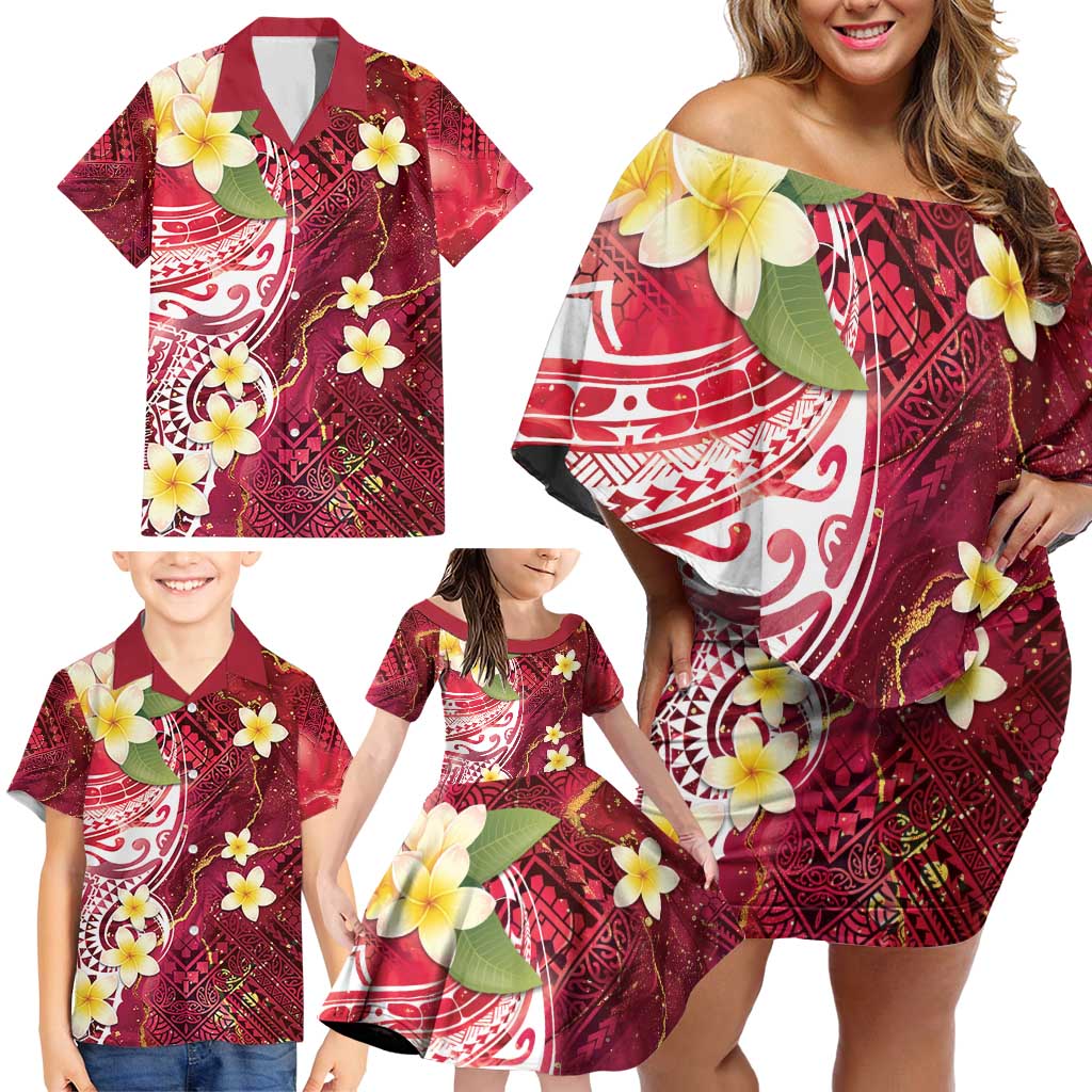 Polynesian Tribal Tattoo Family Matching Off Shoulder Short Dress and Hawaiian Shirt Plumeria Blood Red and Gold Marble Pattern LT9 - Polynesian Pride