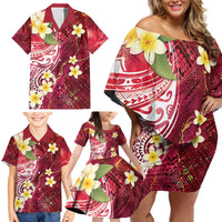 Polynesian Tribal Tattoo Family Matching Off Shoulder Short Dress and Hawaiian Shirt Plumeria Blood Red and Gold Marble Pattern LT9 - Polynesian Pride