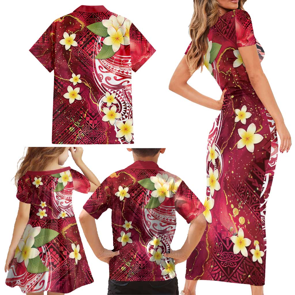 Polynesian Tribal Tattoo Family Matching Short Sleeve Bodycon Dress and Hawaiian Shirt Plumeria Blood Red and Gold Marble Pattern LT9 - Polynesian Pride