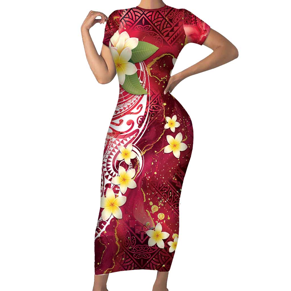 Polynesian Tribal Tattoo Family Matching Short Sleeve Bodycon Dress and Hawaiian Shirt Plumeria Blood Red and Gold Marble Pattern LT9 Mom's Dress Red - Polynesian Pride