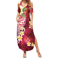 Polynesian Tribal Tattoo Family Matching Summer Maxi Dress and Hawaiian Shirt Plumeria Blood Red and Gold Marble Pattern LT9 Mom's Dress Red - Polynesian Pride
