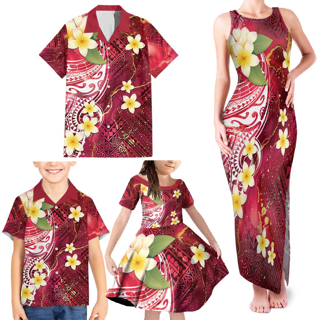 Polynesian Tribal Tattoo Family Matching Tank Maxi Dress and Hawaiian Shirt Plumeria Blood Red and Gold Marble Pattern LT9 - Polynesian Pride