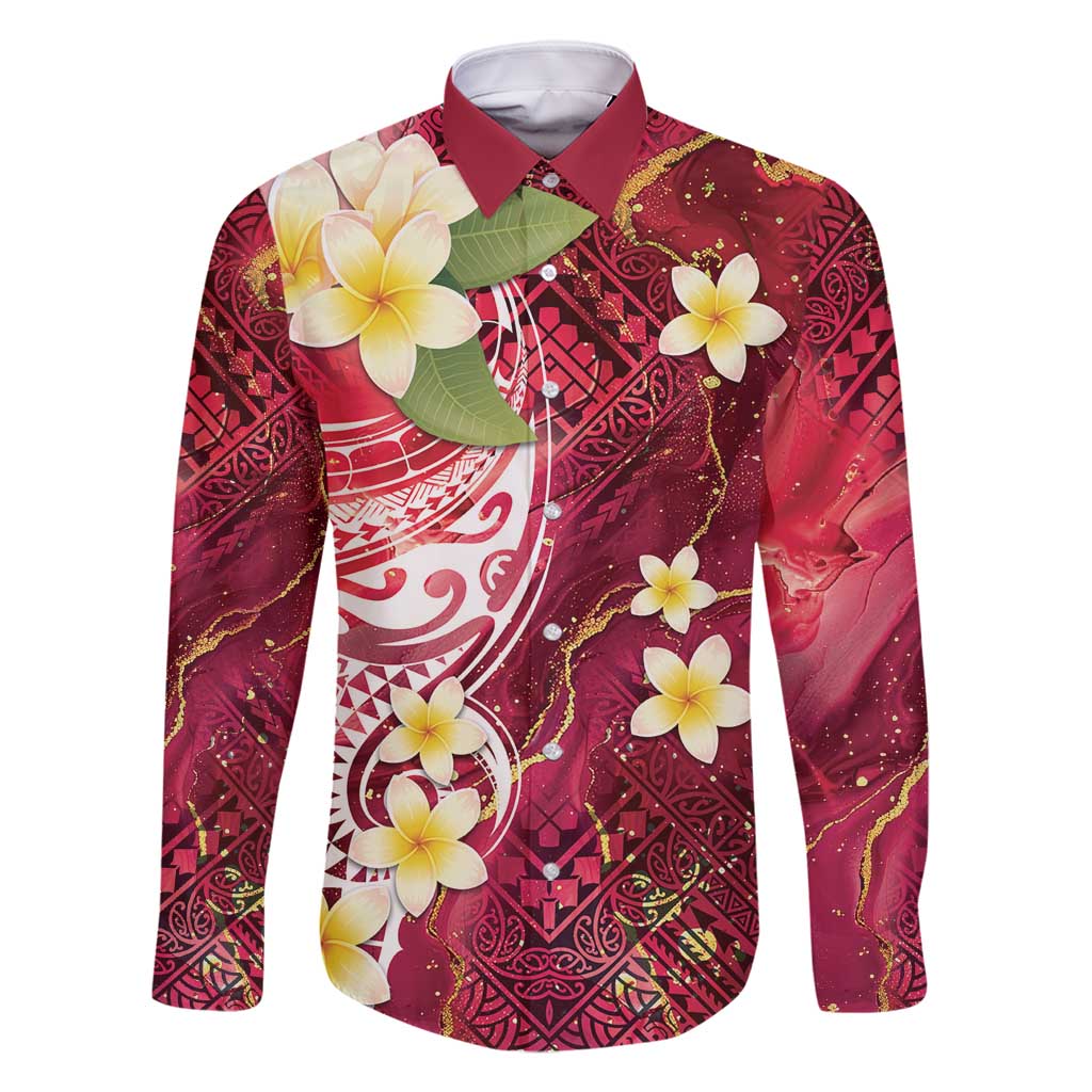 Polynesian Tribal Tattoo Family Matching Tank Maxi Dress and Hawaiian Shirt Plumeria Blood Red and Gold Marble Pattern LT9 Dad's Shirt - Long Sleeve Red - Polynesian Pride