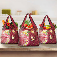 Polynesian Tribal Tattoo Grocery Bag Plumeria Blood Red and Gold Marble Pattern