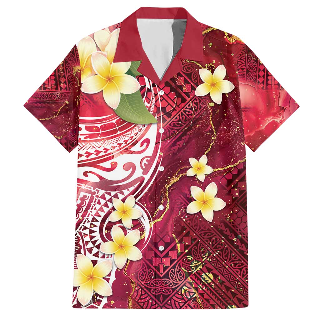 Polynesian Tribal Tattoo Hawaiian Shirt Plumeria Blood Red and Gold Marble Pattern