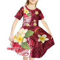 Polynesian Tribal Tattoo Kid Short Sleeve Dress Plumeria Blood Red and Gold Marble Pattern