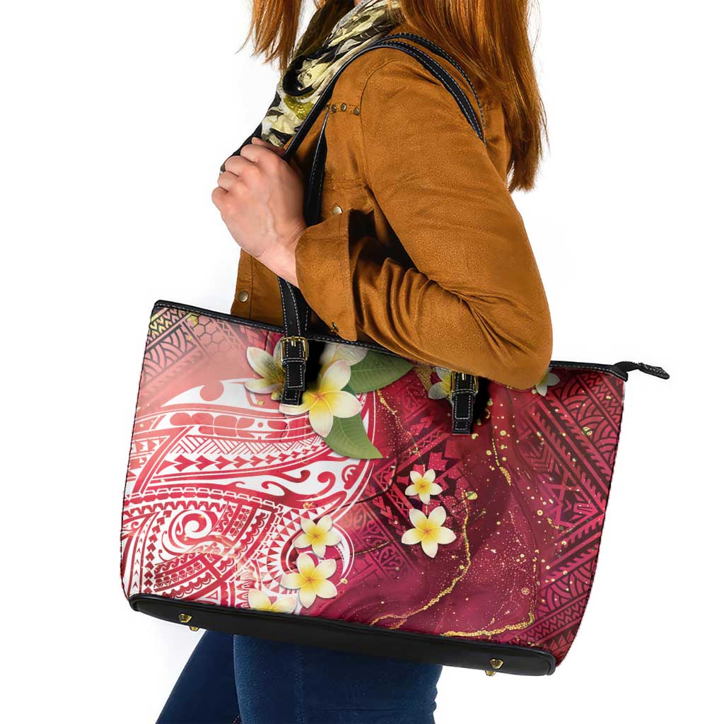 Polynesian Tribal Tattoo Leather Tote Bag Plumeria Blood Red and Gold Marble Pattern