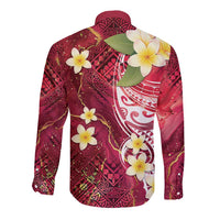 Polynesian Tribal Tattoo Long Sleeve Button Shirt Plumeria Blood Red and Gold Marble Pattern