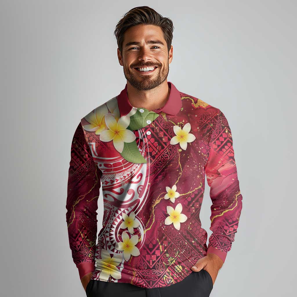 Polynesian Tribal Tattoo Long Sleeve Polo Shirt Plumeria Blood Red and Gold Marble Pattern