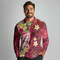 Polynesian Tribal Tattoo Long Sleeve Polo Shirt Plumeria Blood Red and Gold Marble Pattern