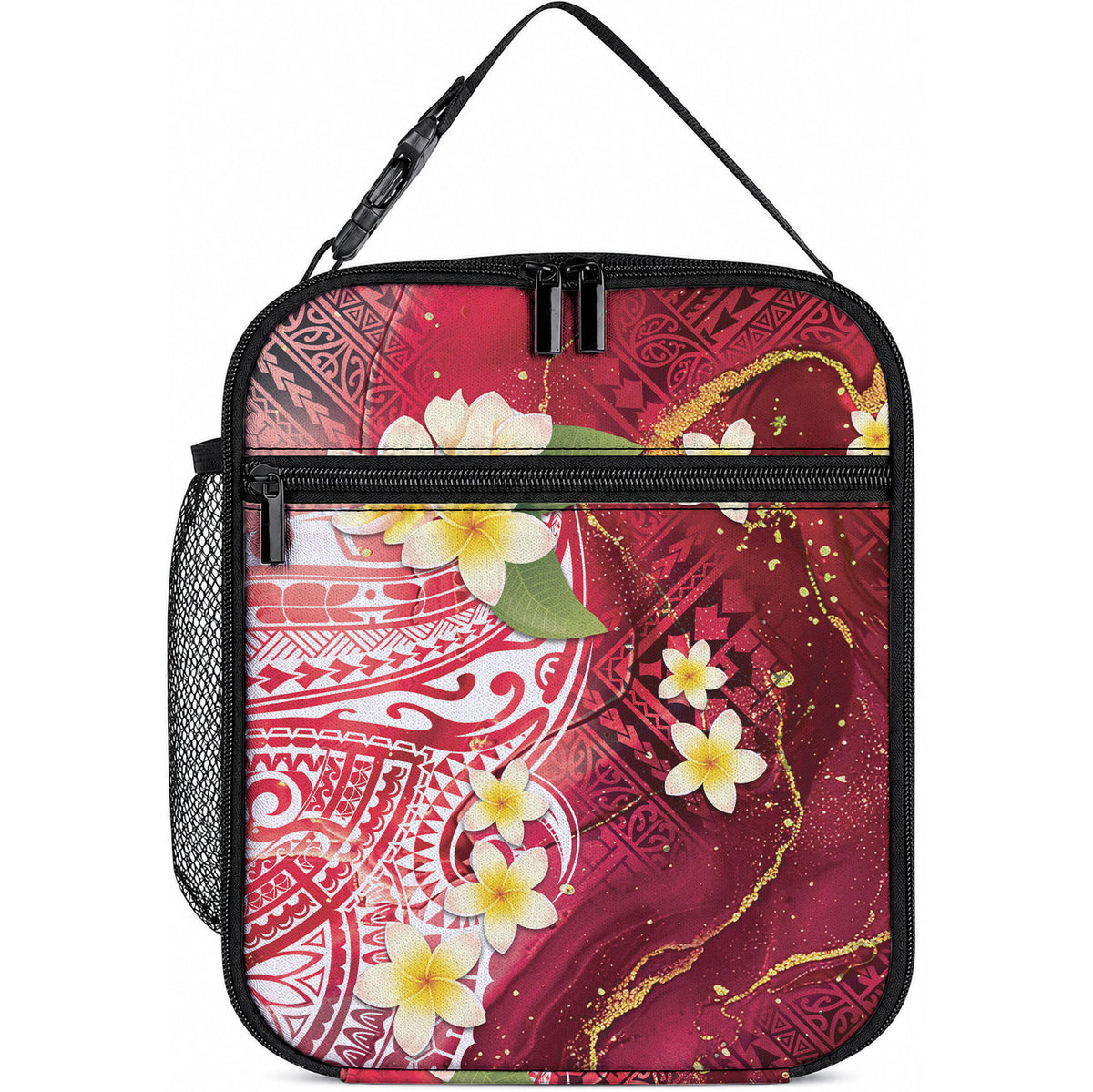 Polynesian Tribal Tattoo Lunch Bag Plumeria Blood Red and Gold Marble Pattern LT9 10.2 × 8.3 × 4.3 inch Red - Polynesian Pride