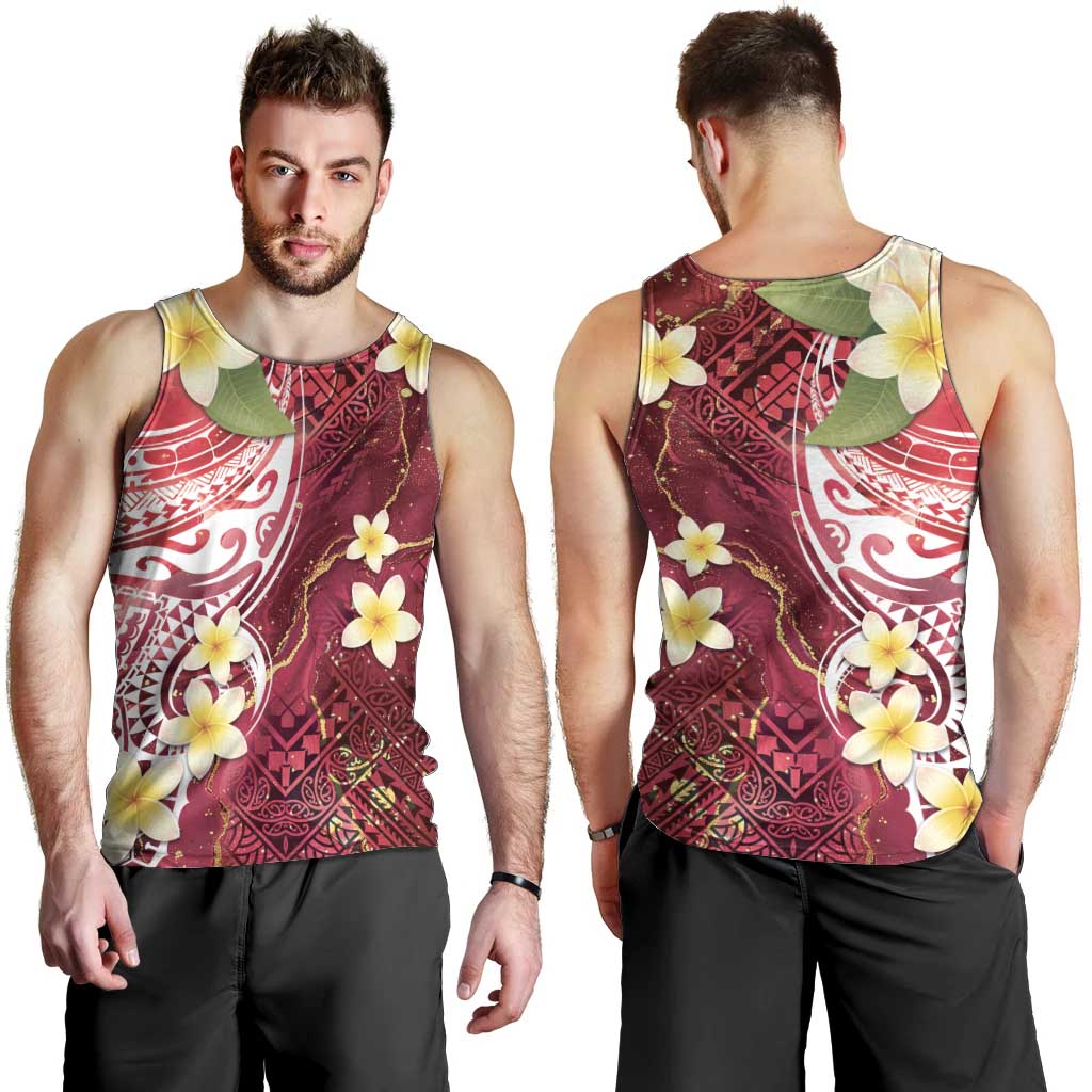 Polynesian Tribal Tattoo Men Tank Top Plumeria Blood Red and Gold Marble Pattern