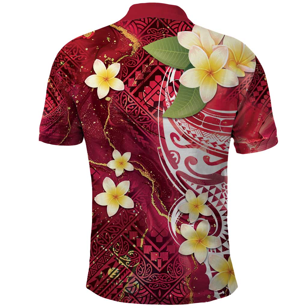 Polynesian Tribal Tattoo Polo Shirt Plumeria Blood Red and Gold Marble Pattern