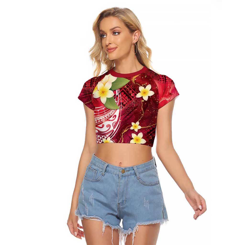 Polynesian Tribal Tattoo Raglan Cropped T Shirt Plumeria Blood Red and Gold Marble Pattern
