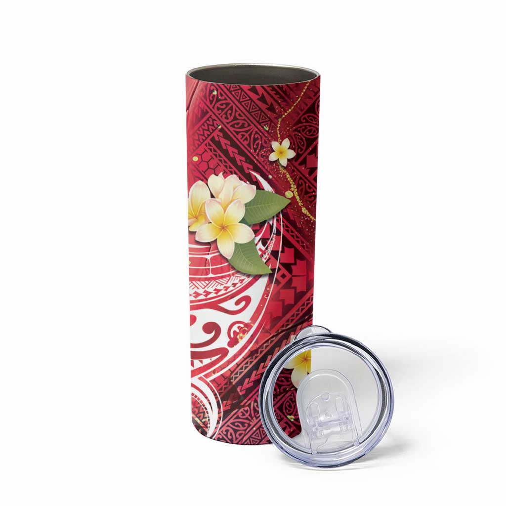 Polynesian Tribal Tattoo Skinny Tumbler Plumeria Blood Red and Gold Marble Pattern