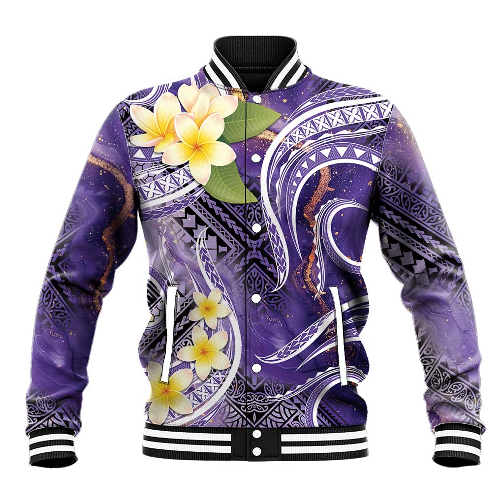 Polynesian Tribal Tattoo Baseball Jacket Plumeria Purple Marble Pattern