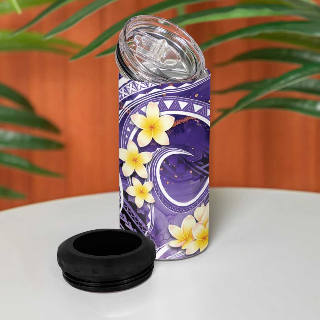 Polynesian Tribal Tattoo 4 in 1 Can Cooler Tumbler Plumeria Purple Marble Pattern