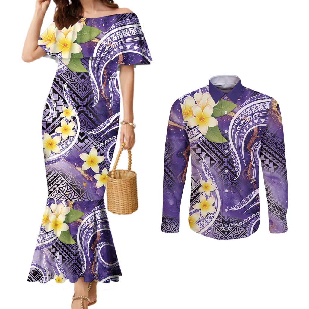 Polynesian Tribal Tattoo Couples Matching Mermaid Dress and Long Sleeve Button Shirt Plumeria Purple Marble Pattern