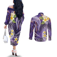 Polynesian Tribal Tattoo Couples Matching Off The Shoulder Long Sleeve Dress and Long Sleeve Button Shirt Plumeria Purple Marble Pattern