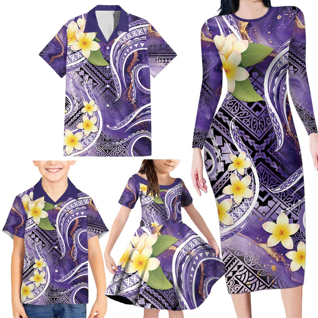 Polynesian Tribal Tattoo Family Matching Long Sleeve Bodycon Dress and Hawaiian Shirt Plumeria Purple Marble Pattern LT9 - Polynesian Pride
