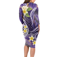 Polynesian Tribal Tattoo Family Matching Long Sleeve Bodycon Dress and Hawaiian Shirt Plumeria Purple Marble Pattern LT9 - Polynesian Pride