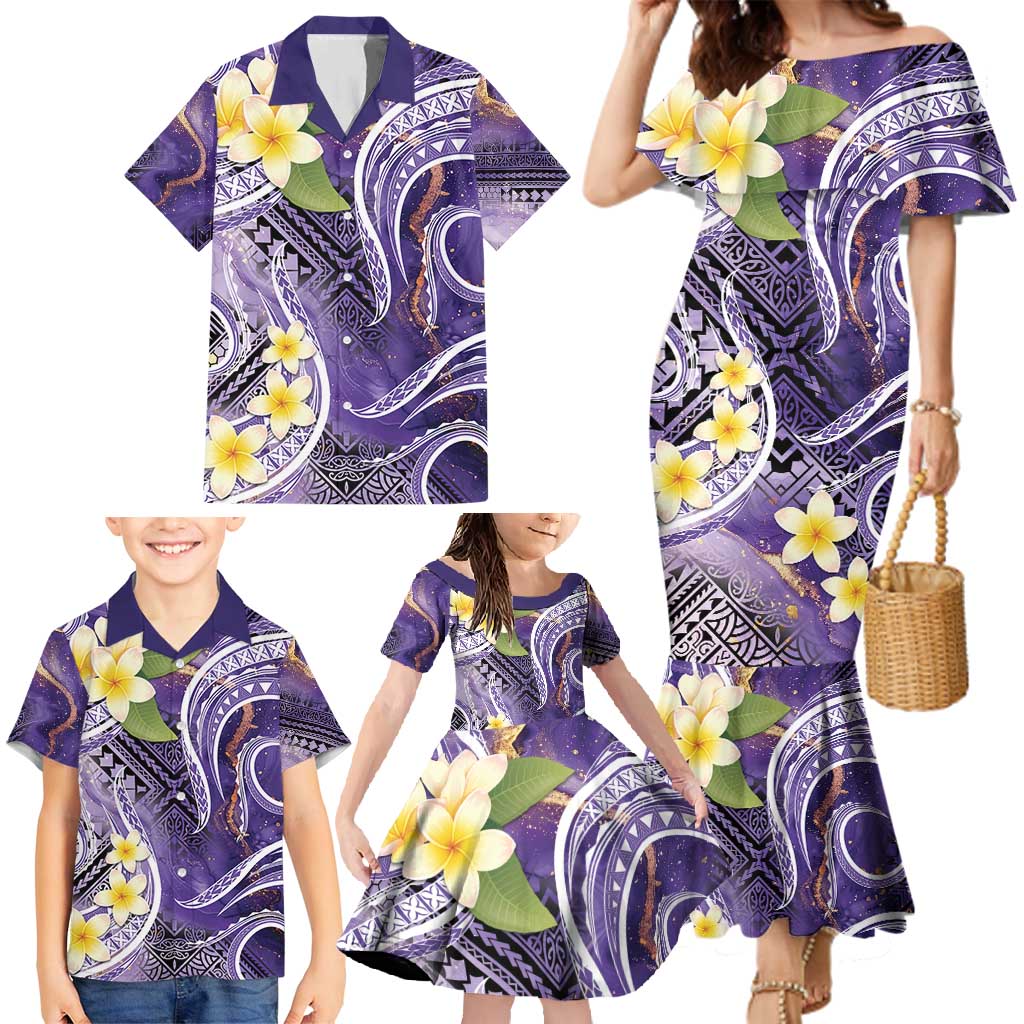 Polynesian Tribal Tattoo Family Matching Mermaid Dress and Hawaiian Shirt Plumeria Purple Marble Pattern LT9 - Polynesian Pride