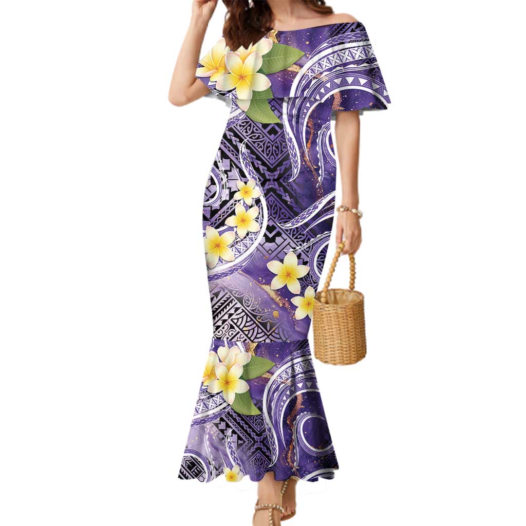 Polynesian Tribal Tattoo Family Matching Mermaid Dress and Hawaiian Shirt Plumeria Purple Marble Pattern LT9 Mom's Dress Purple - Polynesian Pride