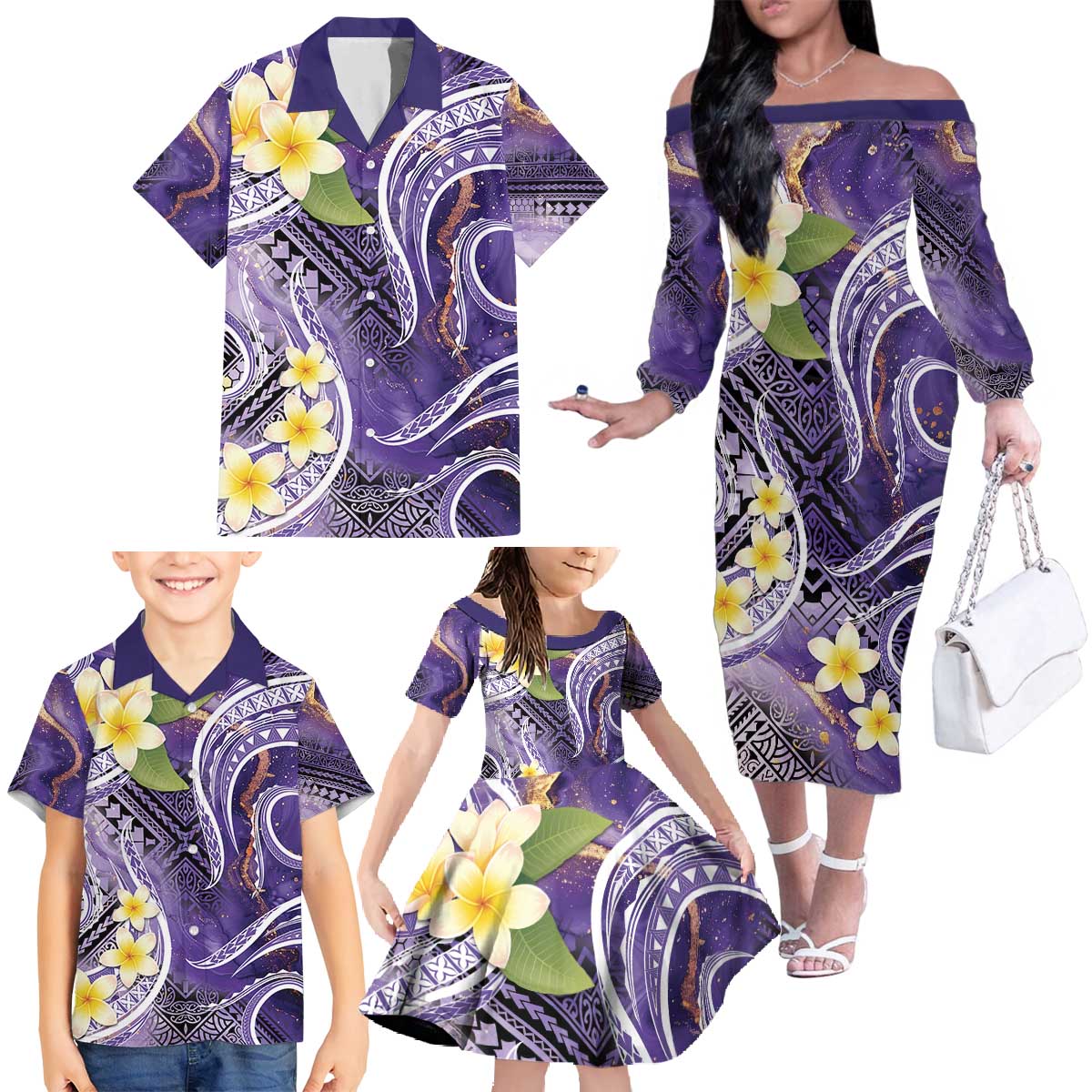 Polynesian Tribal Tattoo Family Matching Off The Shoulder Long Sleeve Dress and Hawaiian Shirt Plumeria Purple Marble Pattern LT9 Purple - Polynesian Pride