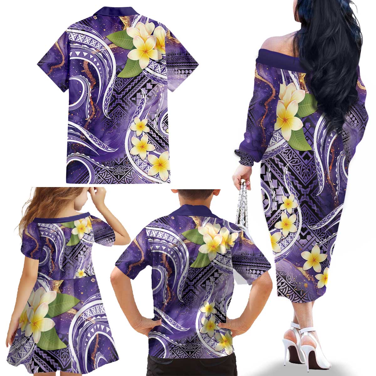 Polynesian Tribal Tattoo Family Matching Off The Shoulder Long Sleeve Dress and Hawaiian Shirt Plumeria Purple Marble Pattern LT9 - Polynesian Pride