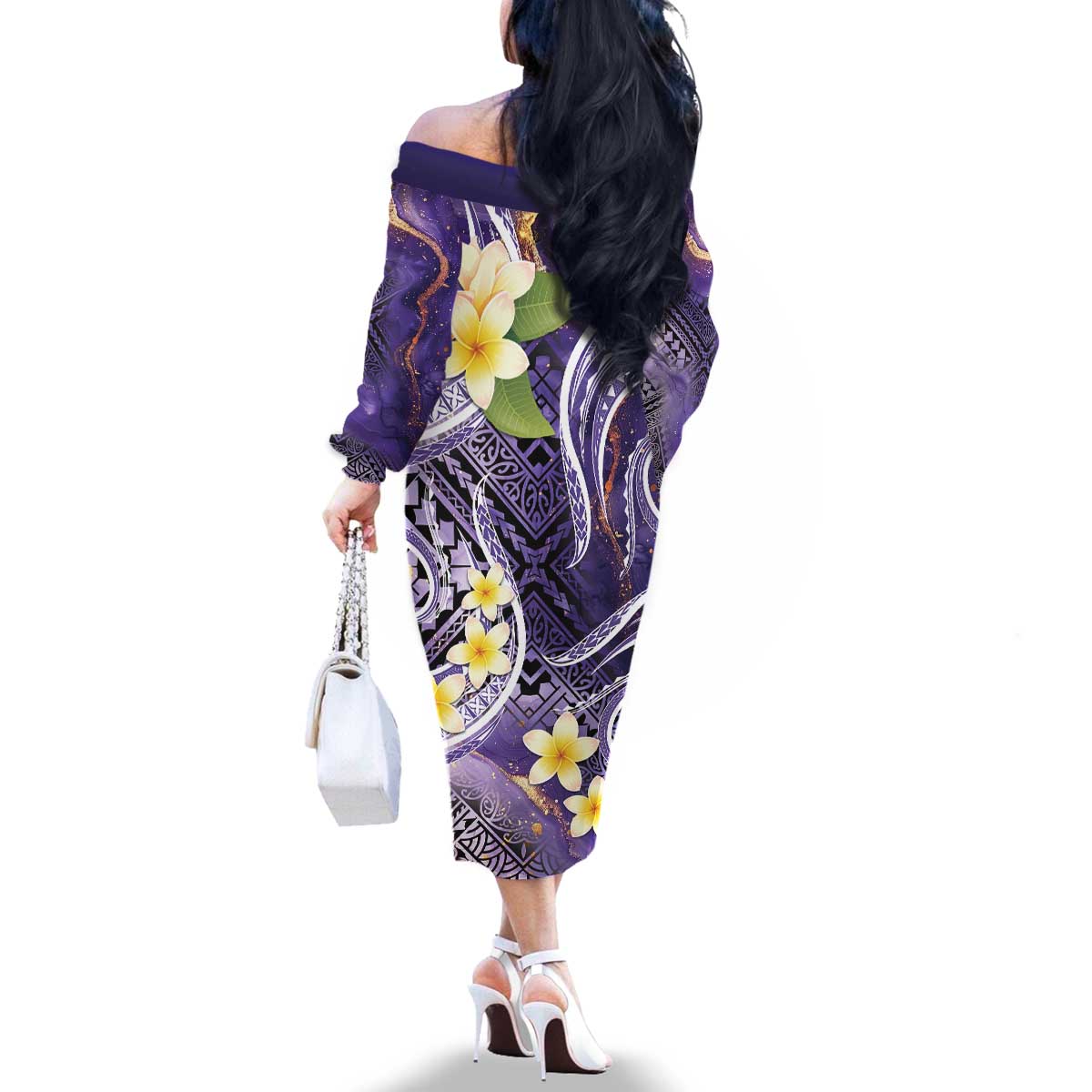 Polynesian Tribal Tattoo Family Matching Off The Shoulder Long Sleeve Dress and Hawaiian Shirt Plumeria Purple Marble Pattern LT9 - Polynesian Pride