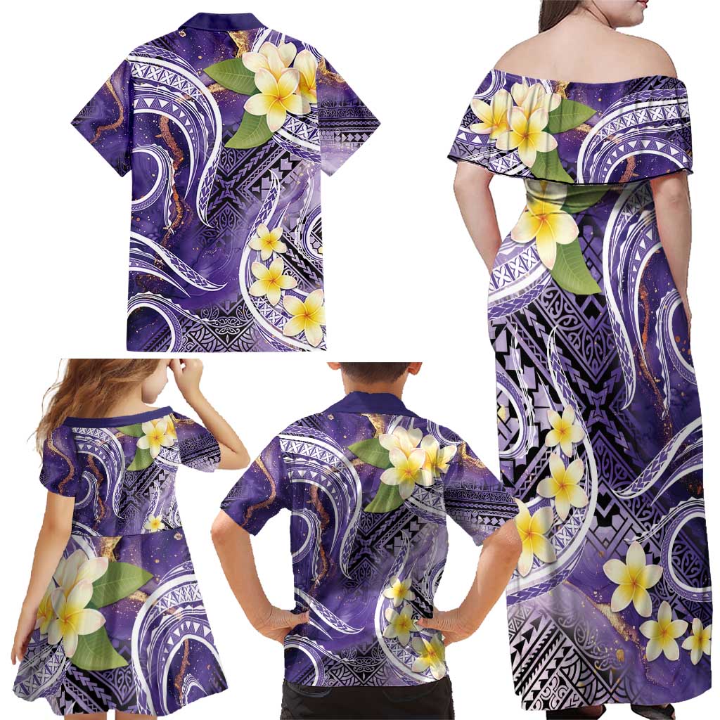 Polynesian Tribal Tattoo Family Matching Off Shoulder Maxi Dress and Hawaiian Shirt Plumeria Purple Marble Pattern LT9 - Polynesian Pride