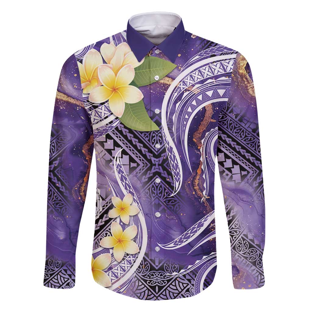 Polynesian Tribal Tattoo Family Matching Off Shoulder Short Dress and Hawaiian Shirt Plumeria Purple Marble Pattern LT9 Dad's Shirt - Long Sleeve Purple - Polynesian Pride