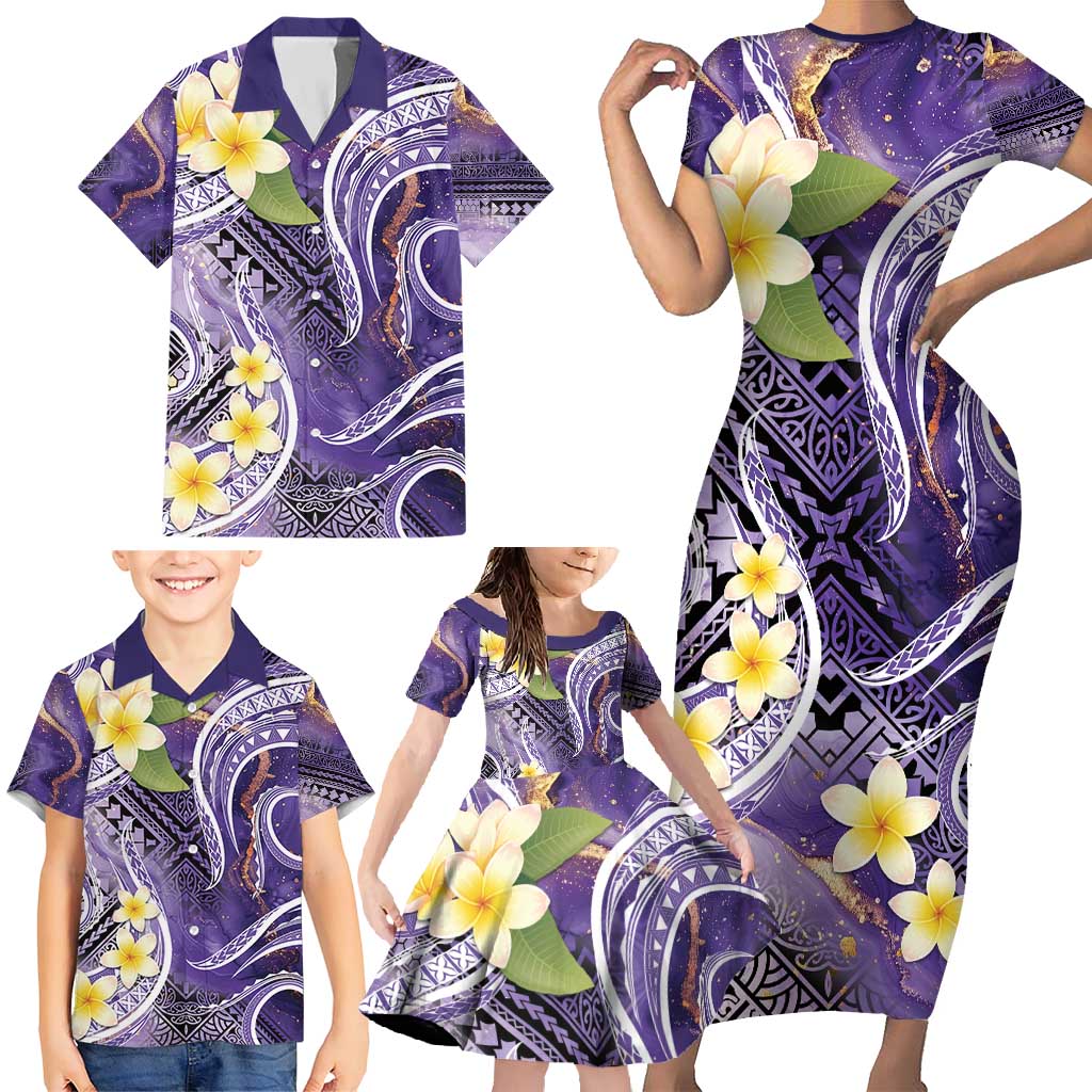 Polynesian Tribal Tattoo Family Matching Short Sleeve Bodycon Dress and Hawaiian Shirt Plumeria Purple Marble Pattern LT9 - Polynesian Pride