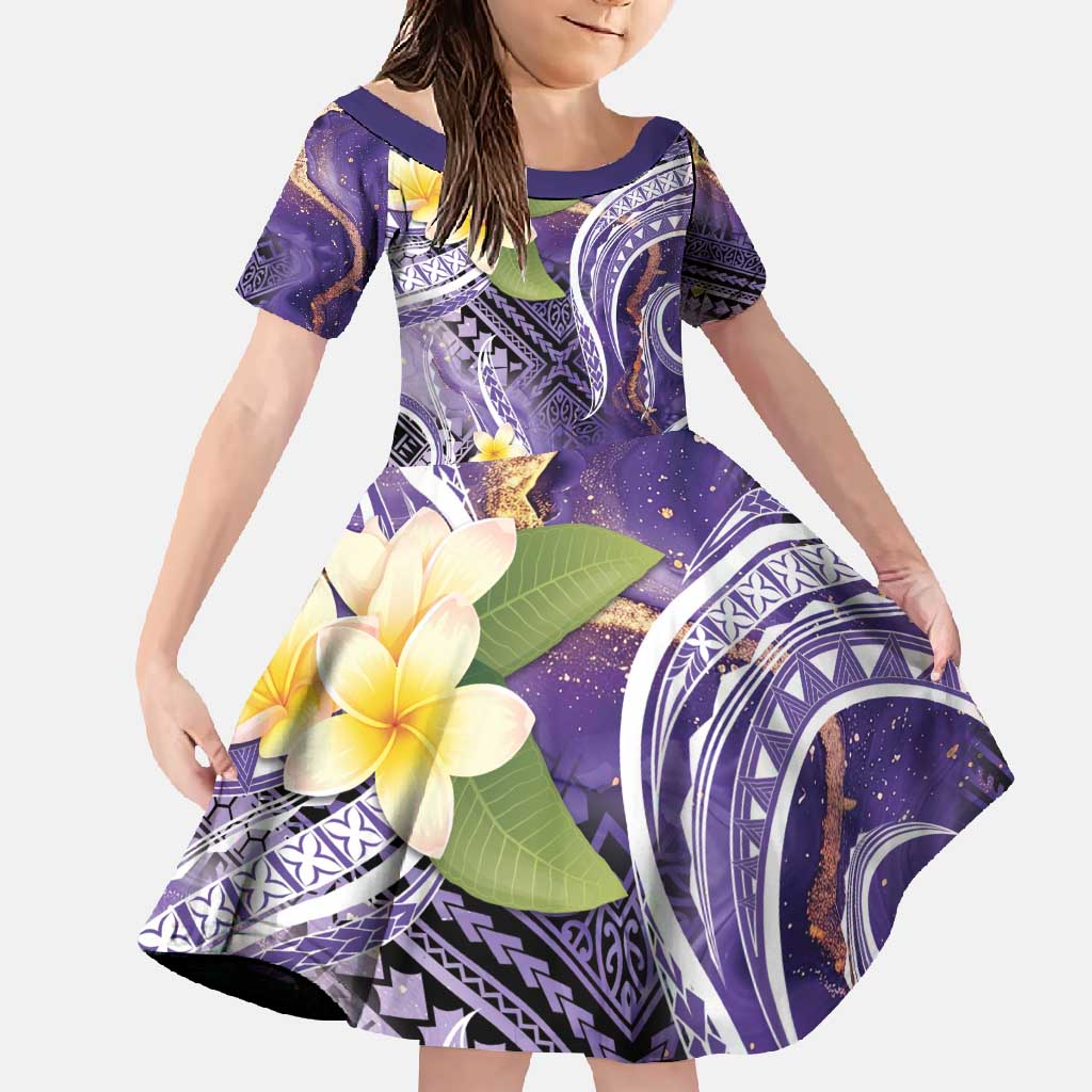Polynesian Tribal Tattoo Family Matching Summer Maxi Dress and Hawaiian Shirt Plumeria Purple Marble Pattern LT9 Daughter's Dress Purple - Polynesian Pride