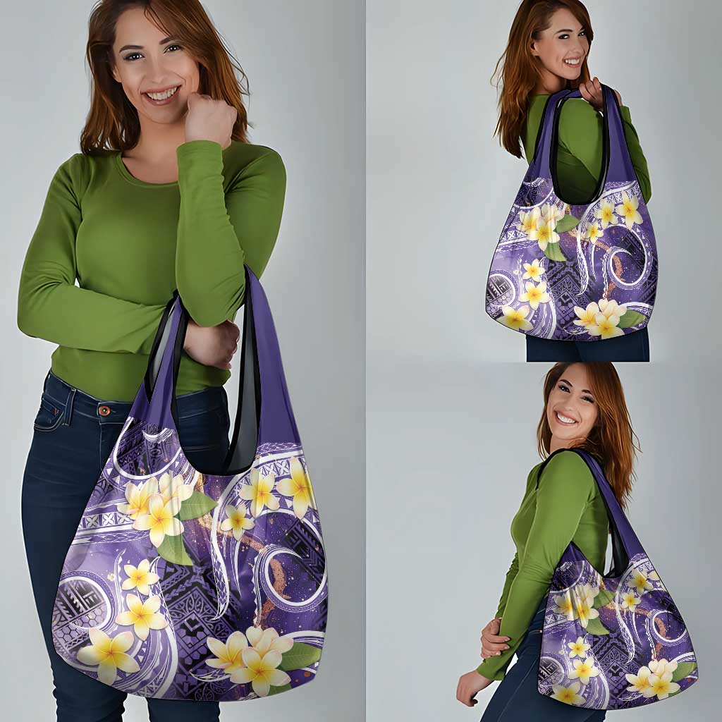 Polynesian Tribal Tattoo Grocery Bag Plumeria Purple Marble Pattern