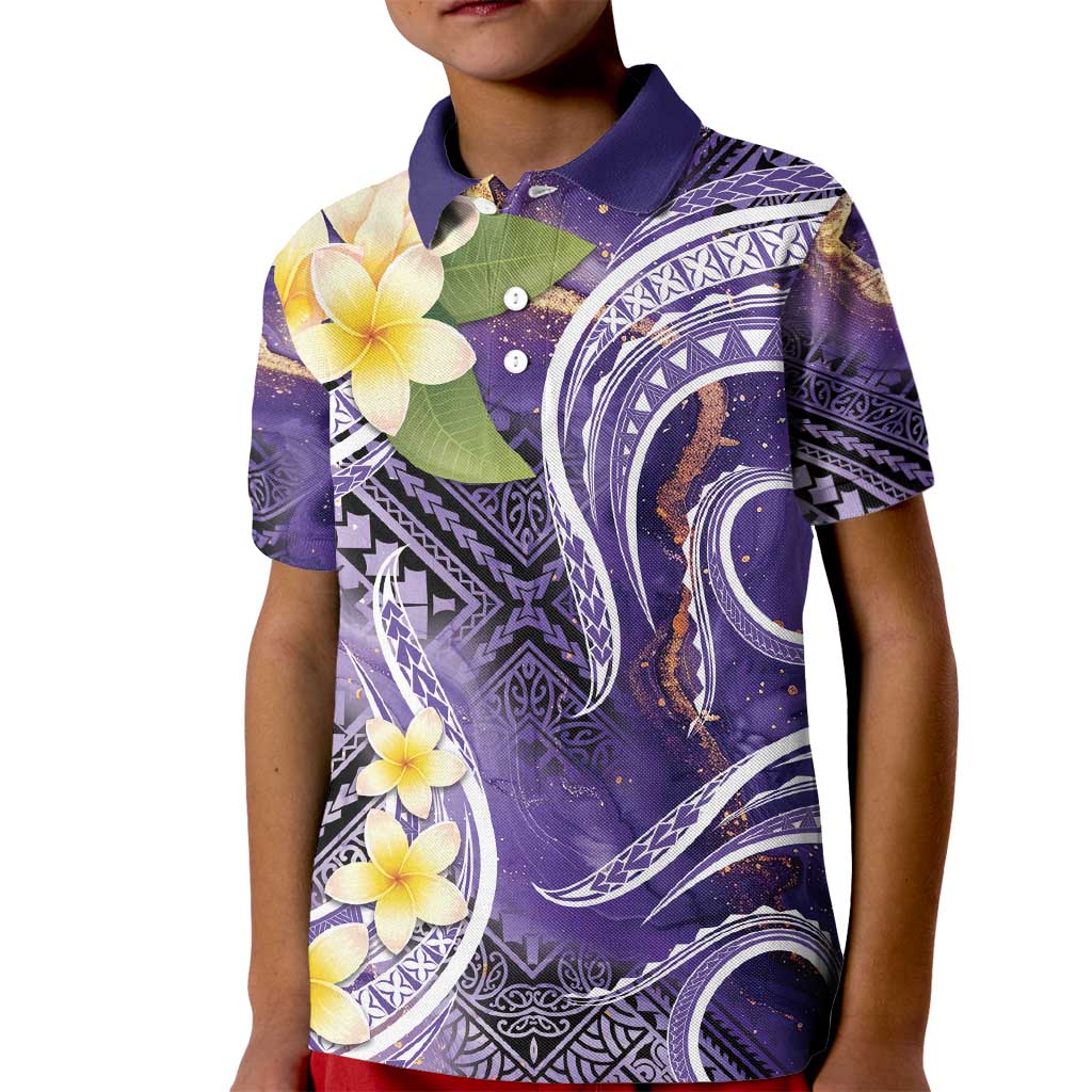 Polynesian Tribal Tattoo Kid Polo Shirt Plumeria Purple Marble Pattern