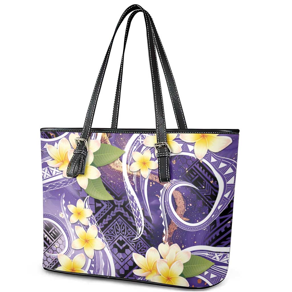 Polynesian Tribal Tattoo Leather Tote Bag Plumeria Purple Marble Pattern