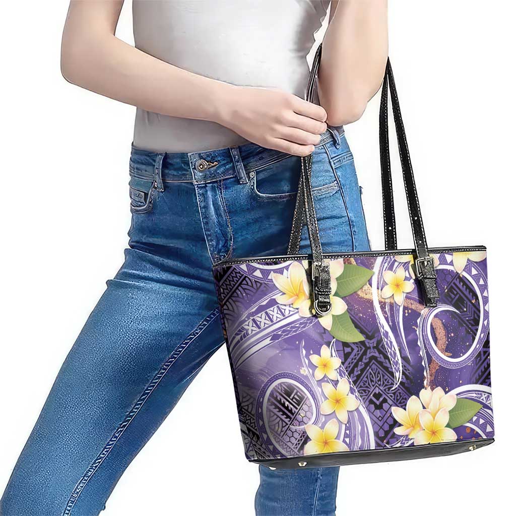 Polynesian Tribal Tattoo Leather Tote Bag Plumeria Purple Marble Pattern