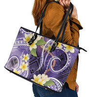 Polynesian Tribal Tattoo Leather Tote Bag Plumeria Purple Marble Pattern