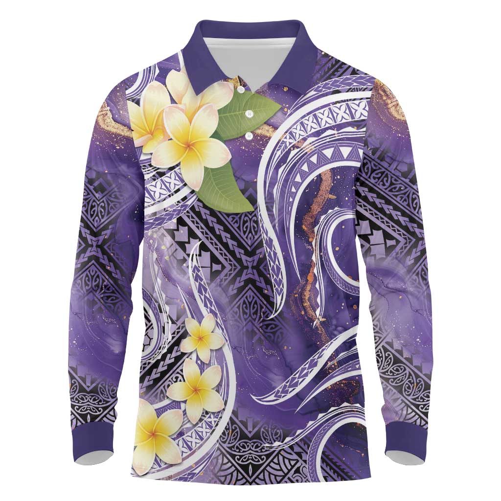 Polynesian Tribal Tattoo Long Sleeve Polo Shirt Plumeria Purple Marble Pattern