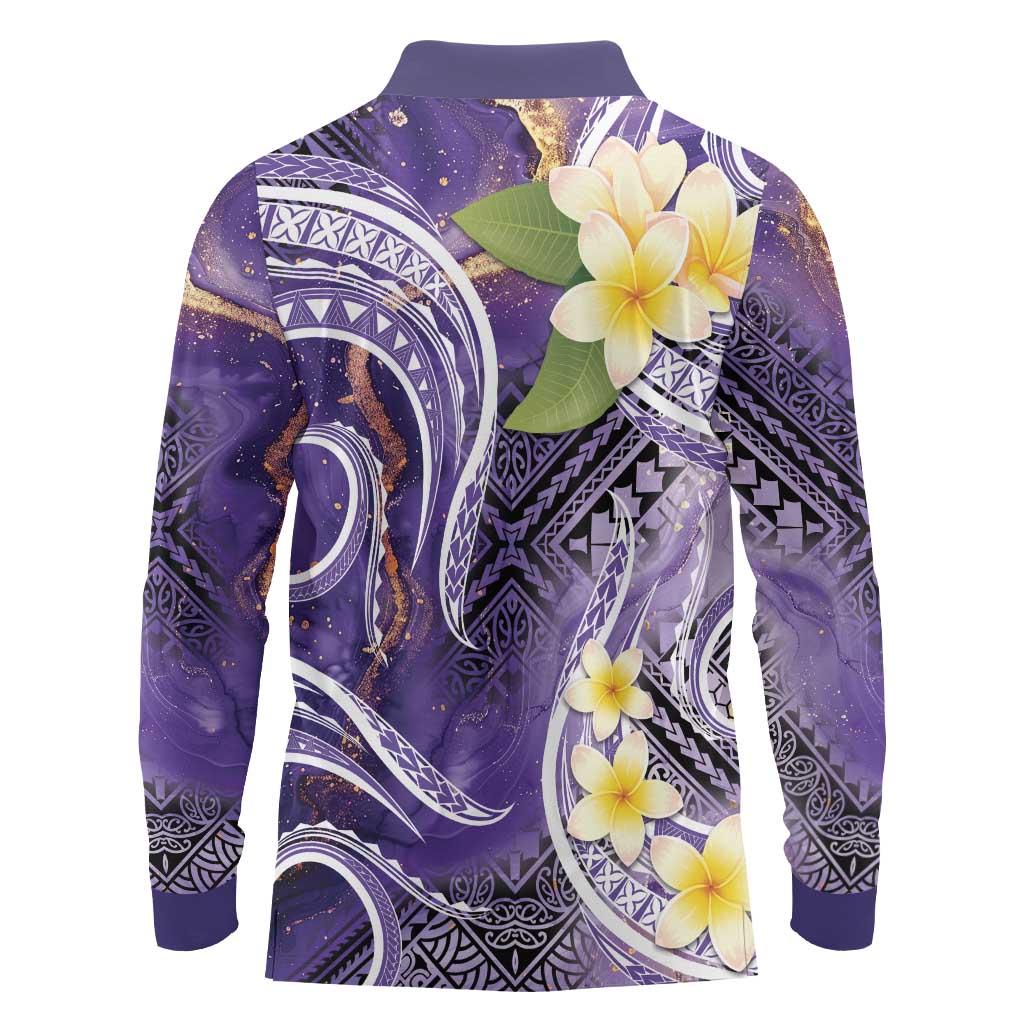 Polynesian Tribal Tattoo Long Sleeve Polo Shirt Plumeria Purple Marble Pattern