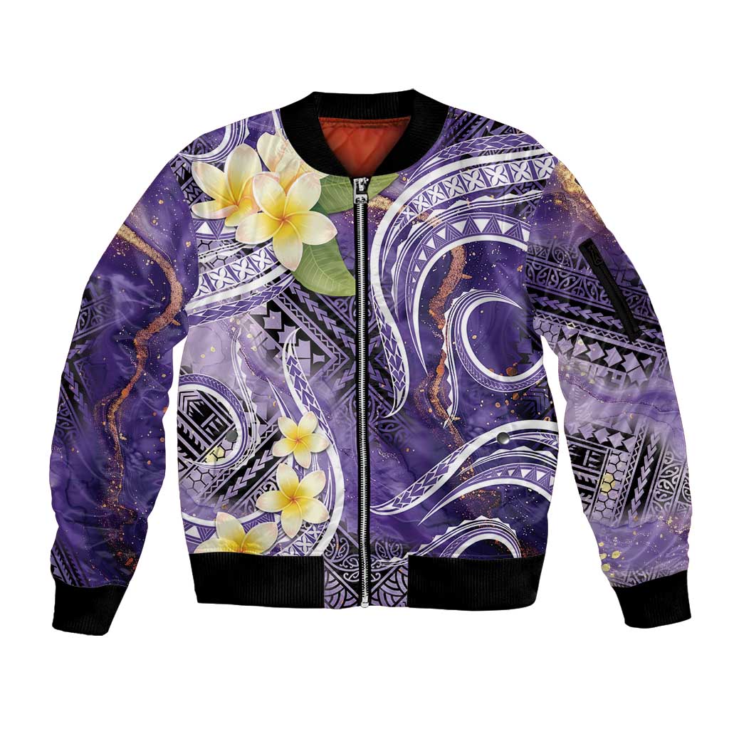 Polynesian Tribal Tattoo Sleeve Zip Bomber Jacket Plumeria Purple Marble Pattern