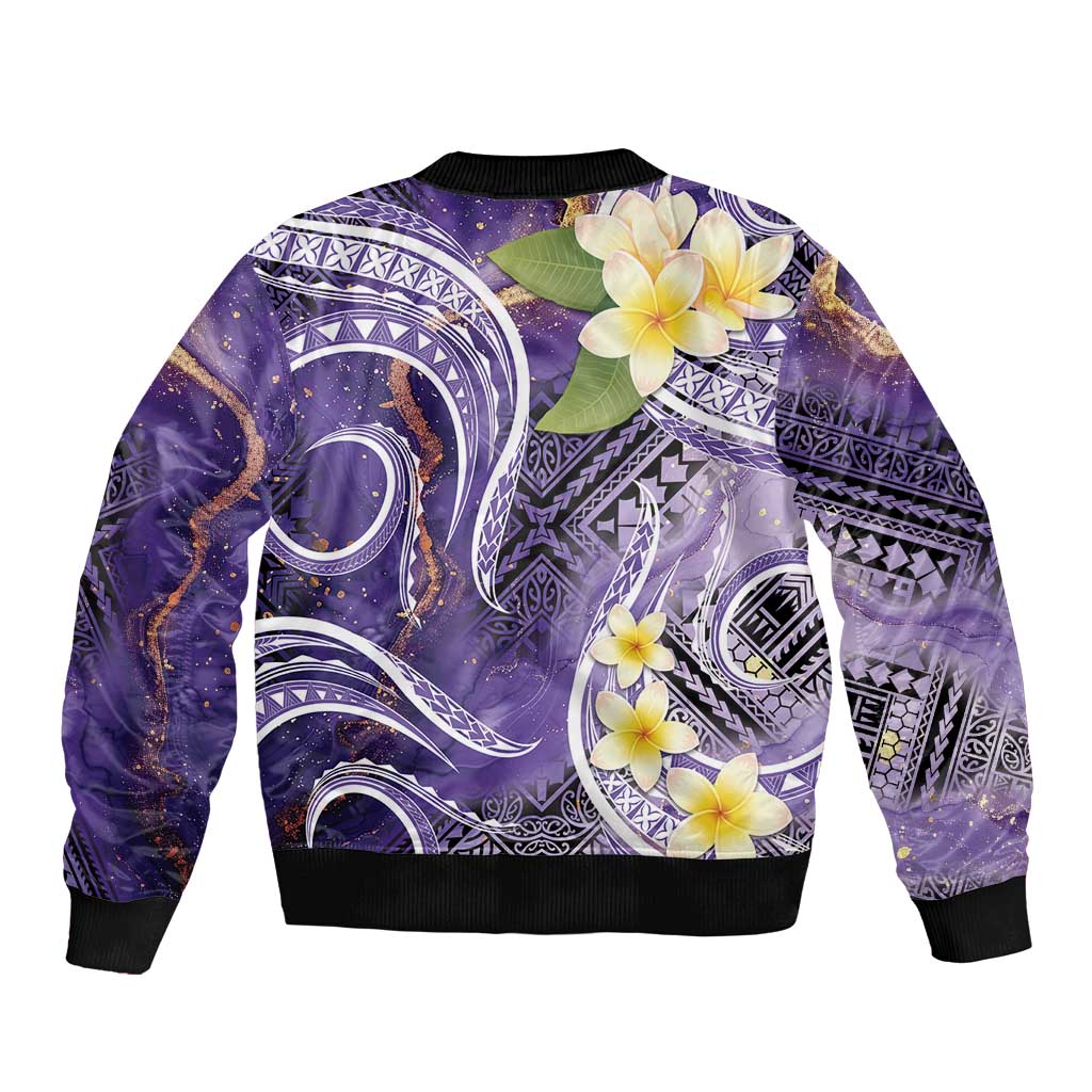 Polynesian Tribal Tattoo Sleeve Zip Bomber Jacket Plumeria Purple Marble Pattern