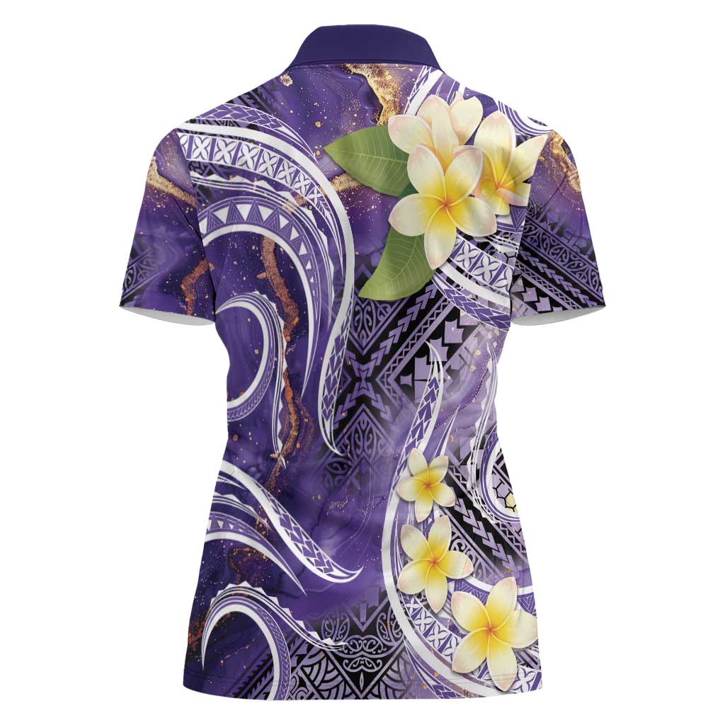 Polynesian Tribal Tattoo Women Polo Shirt Plumeria Purple Marble Pattern
